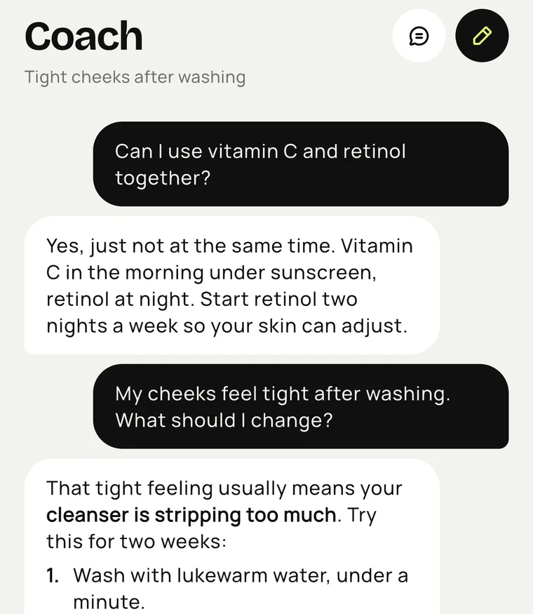Coach chat answering that the cleanser is stripping too much, with three steps to try for two weeks
