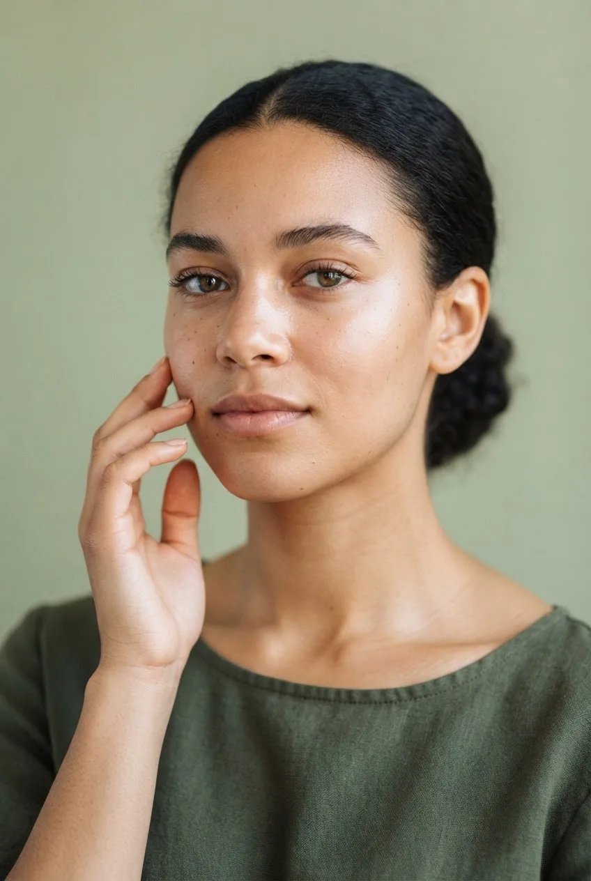 A woman looking at the camera for a face scan, hand resting on her cheek